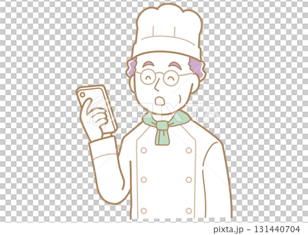 スマホの画面を見るベテランのコックさんのイラスト 131440704