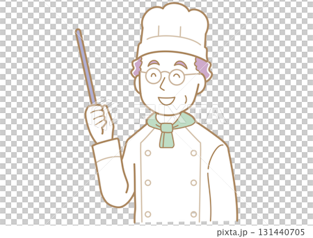 Illustration of a veteran chef pointing with a pointer Illustration of a veteran chef pointing with a pointer 131440705