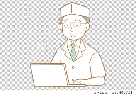 一位廚師看著電腦螢幕的插圖 131440711