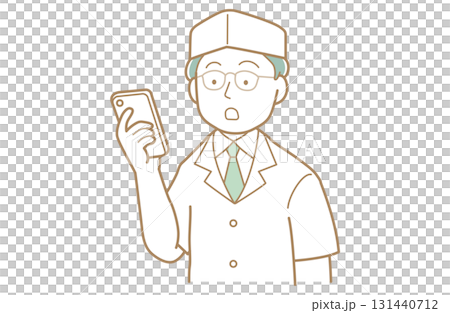 一位廚師看著他的智慧型手機的插圖 131440712