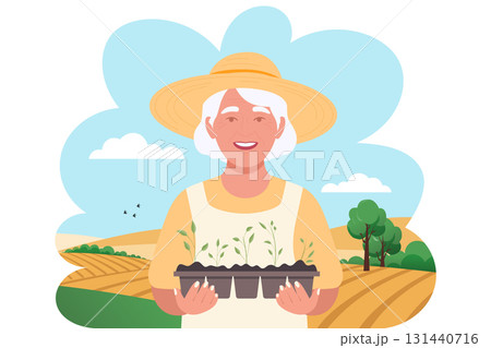 Minimalist Vector Illustration of Elderly Woman Farmer with Seedlings Minimalist Vector Illustration of Elderly Woman Farmer with Seedlings 131440716