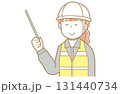 指示棒で指差す作業着にヘルメット安全ベストの赤い髪の女性のイラスト 131440734