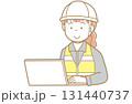 パソコンの画面を見る作業着にヘルメット安全ベストの赤い髪の女性のイラスト 131440737