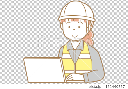 圖解:一位身穿工作服、頭戴安全帽、身穿安全背心的紅髮女子正看著電腦螢幕 圖解:一位身穿工作服、頭戴安全帽、身穿安全背心的紅髮女子正看著電腦螢幕 131440737