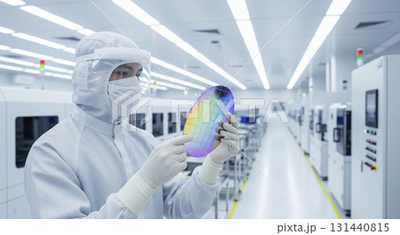 最先端の半導体工場　シリコンウエハーを確認 131440815