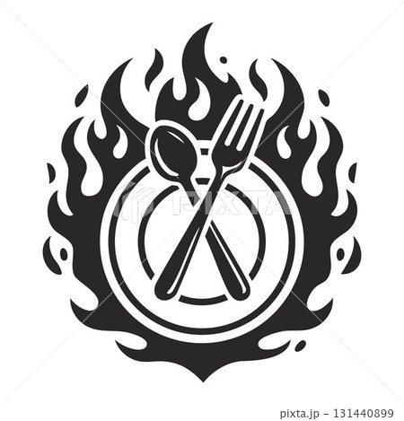 Silhouette of a burning plate with a spoon and fork vector illustration. Silhouette of a burning plate with a spoon and fork vector illustration. 131440899