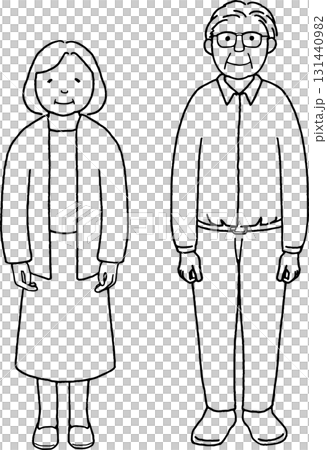一對可愛的爺爺和奶奶的插圖。線條畫。 131440982