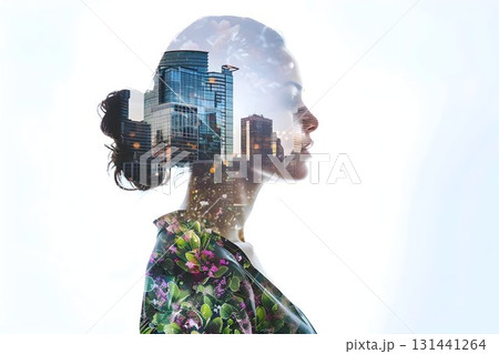 medium shot of a woman, stunning double exposure effect 131441264
