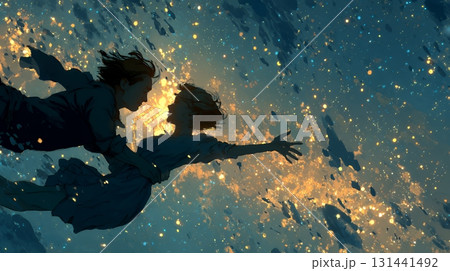 宇宙空間で二人で手を取り合う恋人たち 131441492