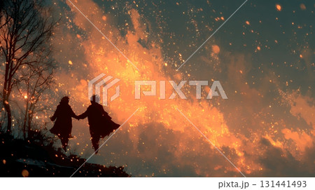 宇宙空間で二人で手を取り合う恋人たち 131441493