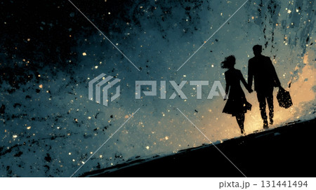 宇宙空間で二人で手を取り合う恋人たち