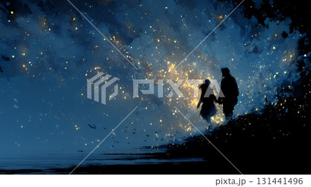 宇宙空間で二人で手を取り合う恋人たち 131441496