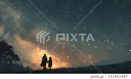 宇宙空間で二人で手を取り合う恋人たち 131441497