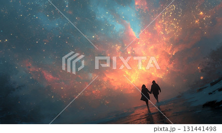 宇宙空間で二人で手を取り合う恋人たち 131441498