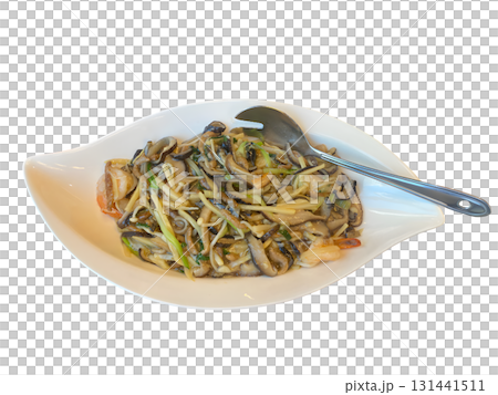 Delicious Chinese style stir fry with seafood and fresh vegetables in a savory sauce 131441511