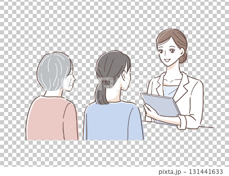 Illustration material of a parent and child receiving an explanation from a female doctor Illustration material of a parent and child receiving an explanation from a female doctor 131441633