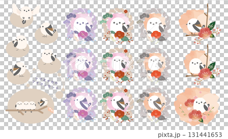 新年裝飾花圈和長尾山雀日式圖示套裝(新年卡片、冬至卡) 新年裝飾花圈和長尾山雀日式圖示套裝(新年卡片、冬至卡) 131441653