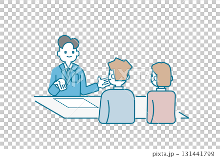 一位商人向男性和女性顧客解釋資料的插圖 131441799