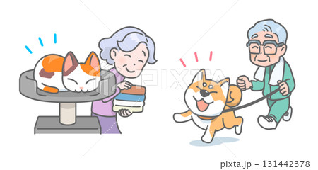 ペットと暮らして認知症予防をする高齢者のベクターイラストセット ペットと暮らして認知症予防をする高齢者のベクターイラストセット 131442378