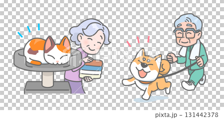 ペットと暮らして認知症予防をする高齢者のベクターイラストセット ペットと暮らして認知症予防をする高齢者のベクターイラストセット 131442378