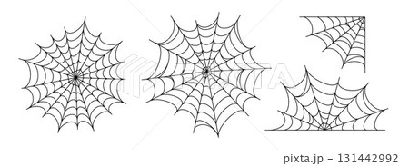 Black spooky spider web set. Creepy cobweb collection. Halloween frame and borders elements for banner, poster, decoration. Linear corner scary tangled net bundle. Vector Haloween outline pack 131442992