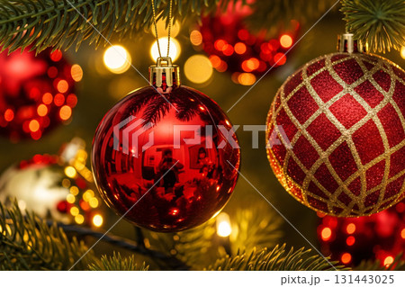 Red And Gold Christmas Ornaments On Tree 131443025