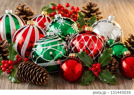 Red And Green Christmas Baubles With Pinecones Red And Green Christmas Baubles With Pinecones 131443039