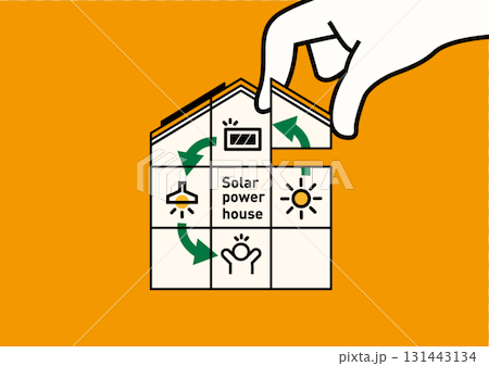 Conceptual illustration of a solar-powered home | Renewable energy, self-consumption, ZEH, vector 131443134