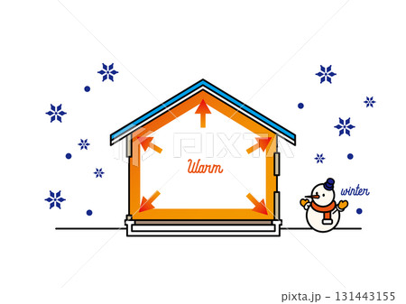 高気密・高断熱の家 冬も暖かい省エネ住宅の断面図イラスト ベクター 131443155