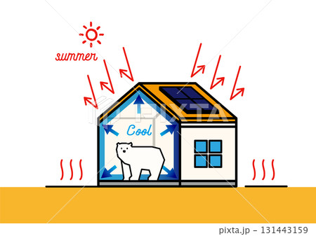 高気密・高断熱の家 夏も涼しい省エネ住宅の断面図イラスト ベクター 131443159