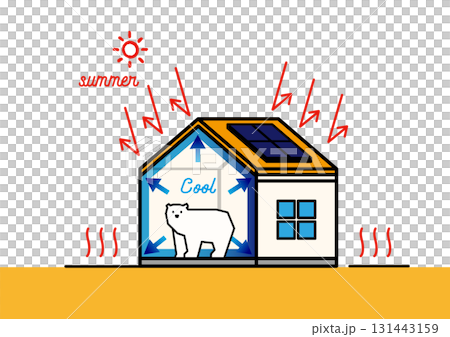 高気密・高断熱の家 夏も涼しい省エネ住宅の断面図イラスト ベクター 131443159