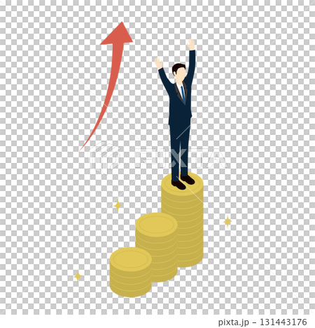 Investment success and financial growth concept with businessman standing on rising arrow and coins 131443176