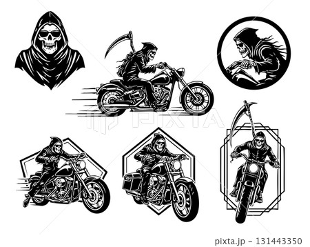 Grim Reaper on a motorcycle with a scythe, a set of monochrome vector illustrations perfect for biker clubs, tattoos, or dark themes. 131443350