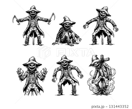 Set of spooky, menacing scarecrow characters in various poses with ragged clothes and scythes for Halloween or horror themes. 131443352