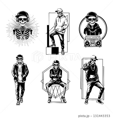 Collection of cool skeleton characters in modern hip-hop fashion with hats, headphones, and chains for music or streetwear branding. 131443353