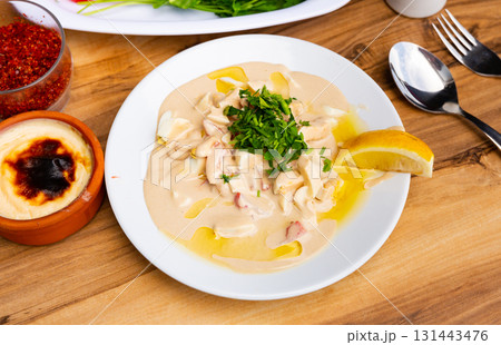 Portion of just cooked Antalya style piyaz Portion of just cooked Antalya style piyaz 131443476