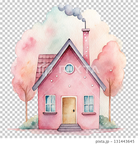 Minimal watercolor illustration of a small pastel pink cottage with a teal door Minimal watercolor illustration of a small pastel pink cottage with a teal door 131443645