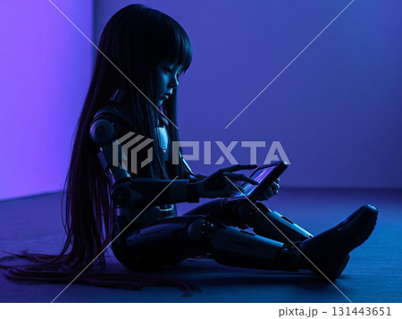 Futuristic Humanoid Robot Engaged with Technology 131443651