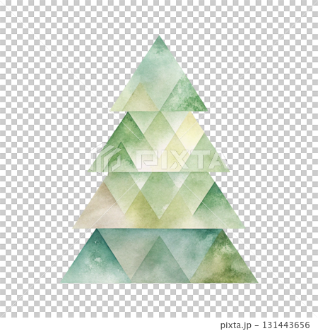 Watercolor illustration of a tall evergreen pine tree, detailed green layered branches with varying shades 131443656