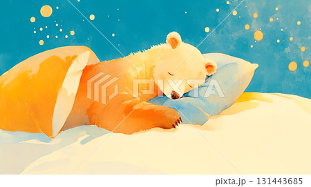 雪の背景と気持ちよさそうに布団で眠るクマの水彩イラスト 131443685