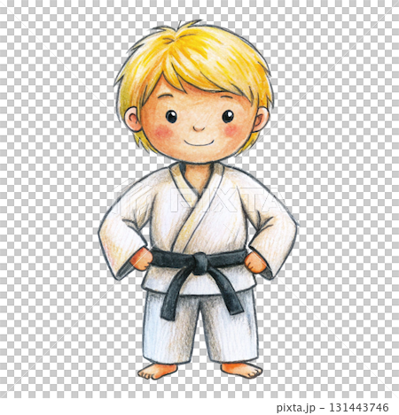 A boy wearing a karate uniform clipart watercolor  131443746