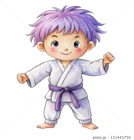 A boy wearing a karate uniform clipart watercolor  131443750