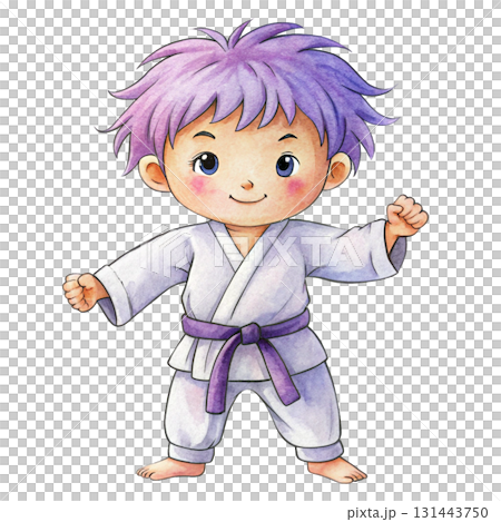 A boy wearing a karate uniform clipart watercolor  131443750