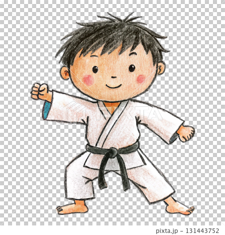 A boy wearing a karate uniform clipart watercolor  131443752
