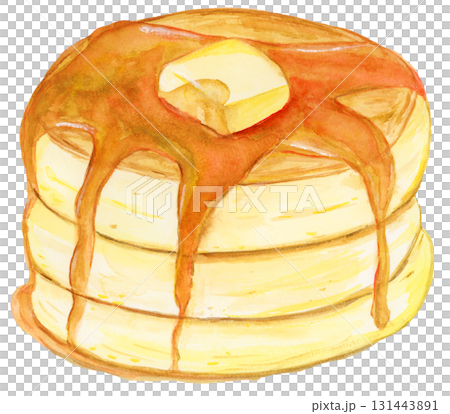 Hand-drawn watercolor illustration of delicious stacked pancakes 131443891