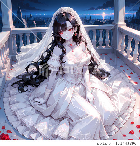 夜のバルコニーに佇む赤い瞳の花嫁。ウェディングドレスを着た妖艶な美女。日本の漫画風のAIイラスト 131443896