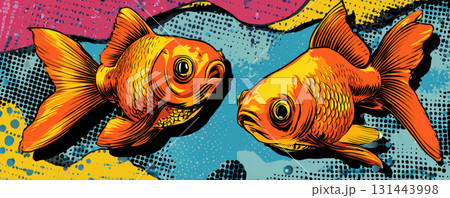 Two vibrant goldfish with expressive faces swim against colorful pop art background, featuring bold patterns and dynamic energy 131443998