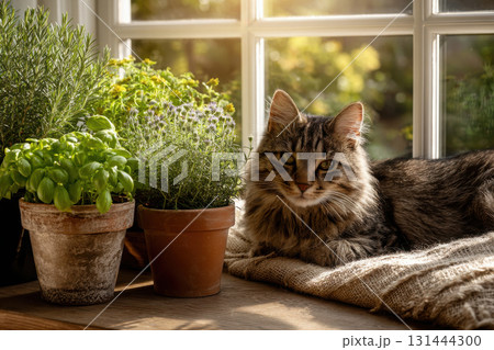 Cat resting by the window among potted herbs and plants in warm sunlight Cat resting by the window among potted herbs and plants in warm sunlight 131444300