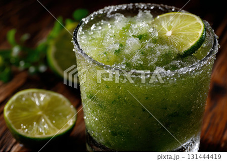 Refreshing mint lime drink served over crushed ice in a glass Refreshing mint lime drink served over crushed ice in a glass 131444419