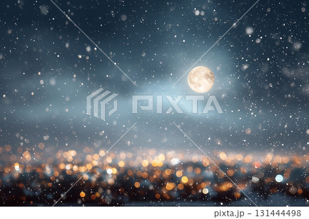 冬の夜景と満月・雪が舞う幻想的な街の風景　夜空の背景素材 131444498